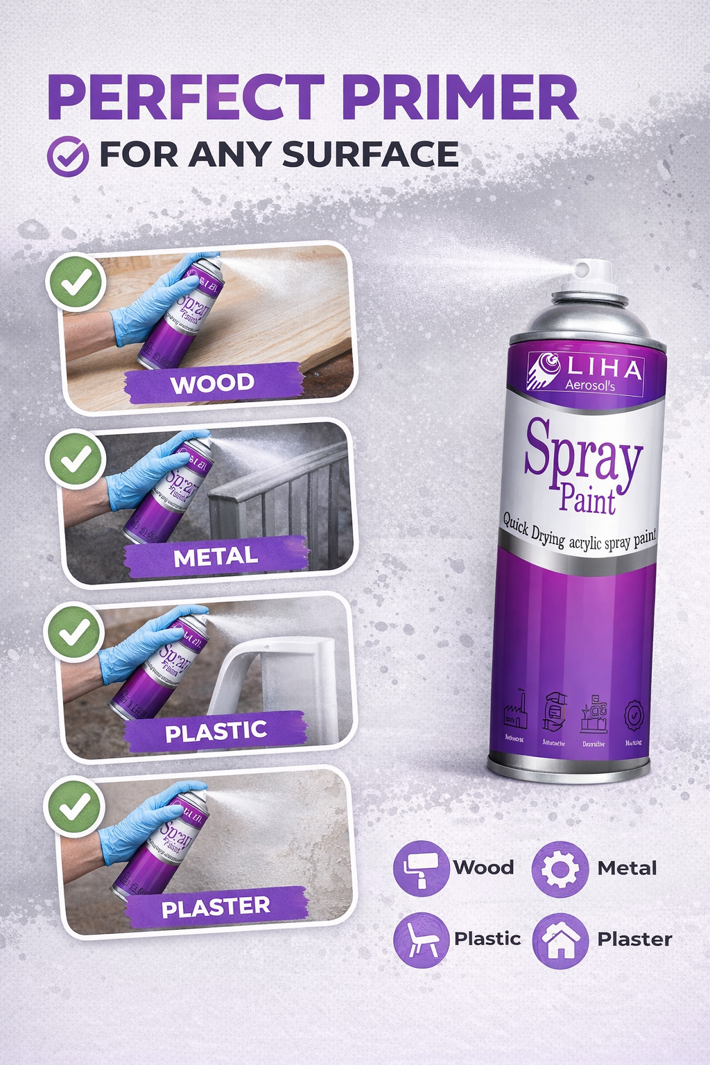 LIHA Primer Spray – Primer for All Surfaces | Quick Drying Acrylic Base Coat (Grey)