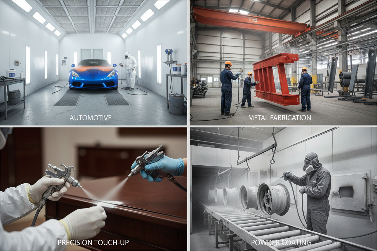 generate a image tha our sprray paints can be used in atombile , fabrication, touchh up and powdder coating industries also